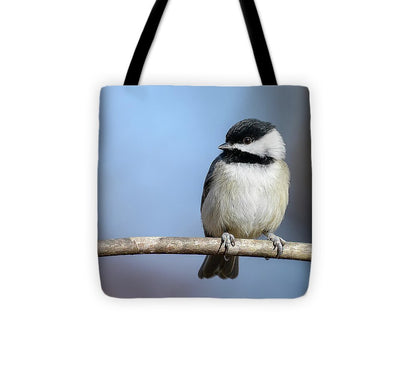 songbird, resting, nature, chickadee, feathers, branch, birds, birding, tote, tote bag, photograph, photography